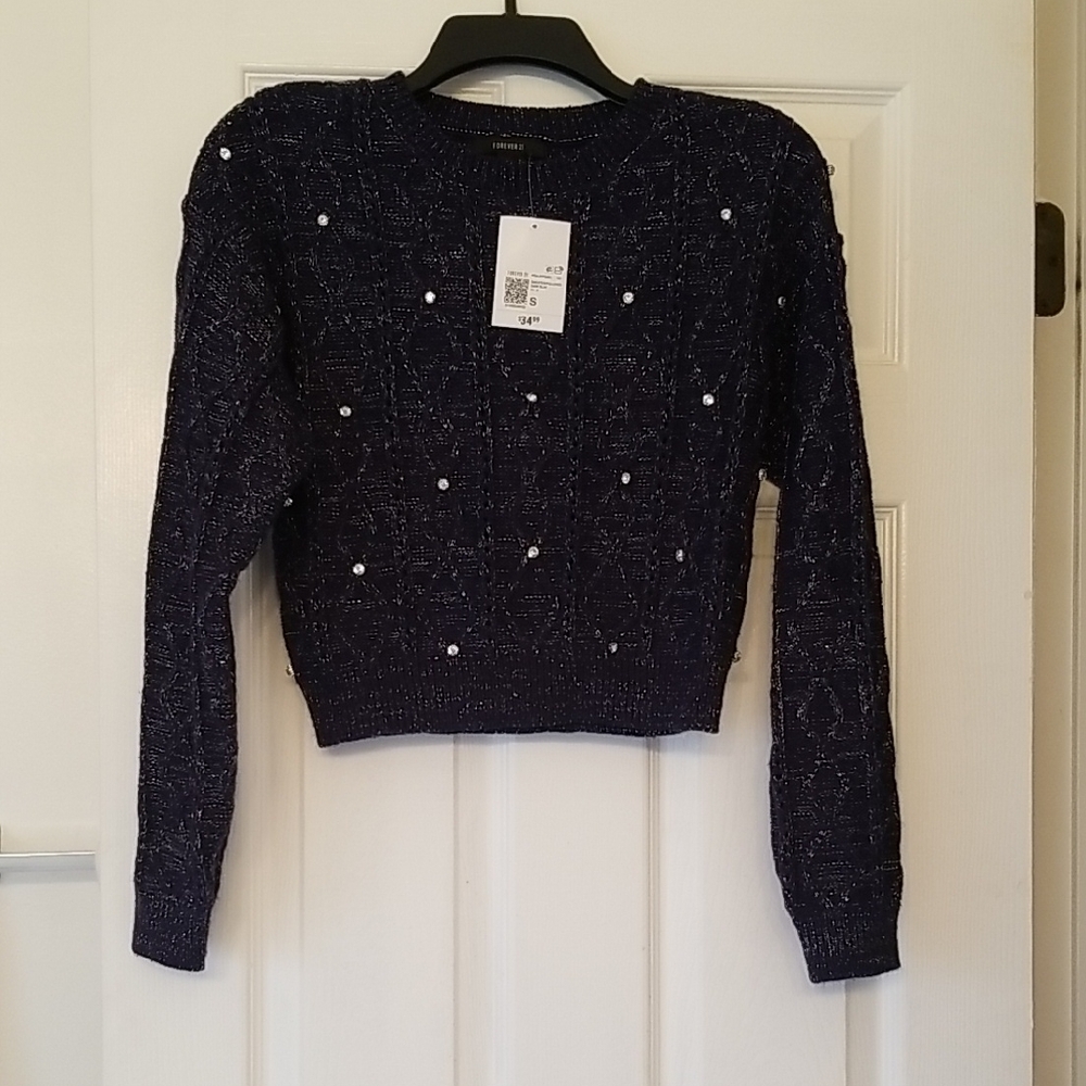 Women's Navy Sweater With Rhinestone Accents